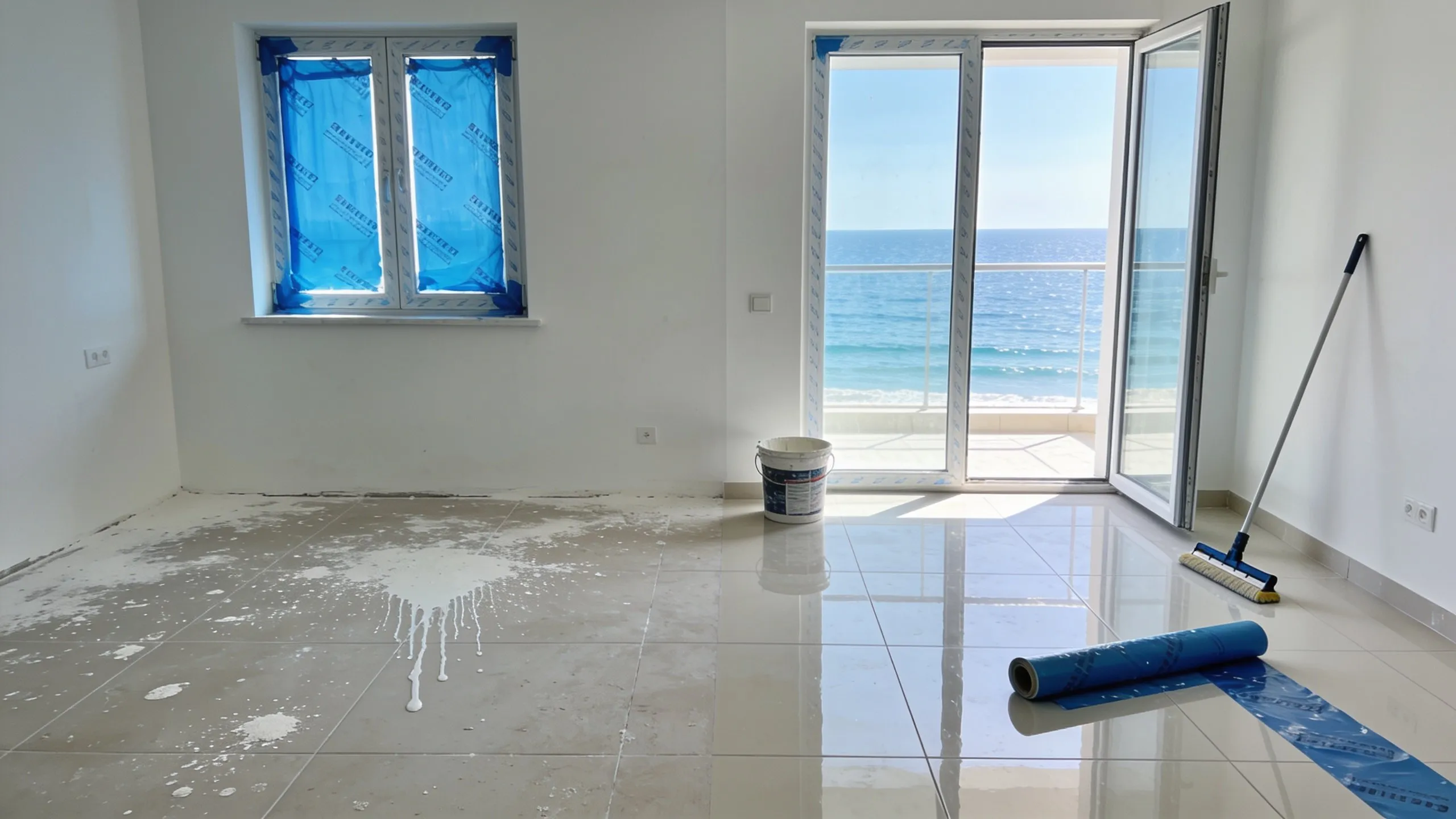 Apartament i ri pas punimeve: në të majtë pluhur gipsi dhe dritare me film mbrojtës, në të djathtë dyshemeja e pastër dhe xhami i kthjellët me pamje nga deti