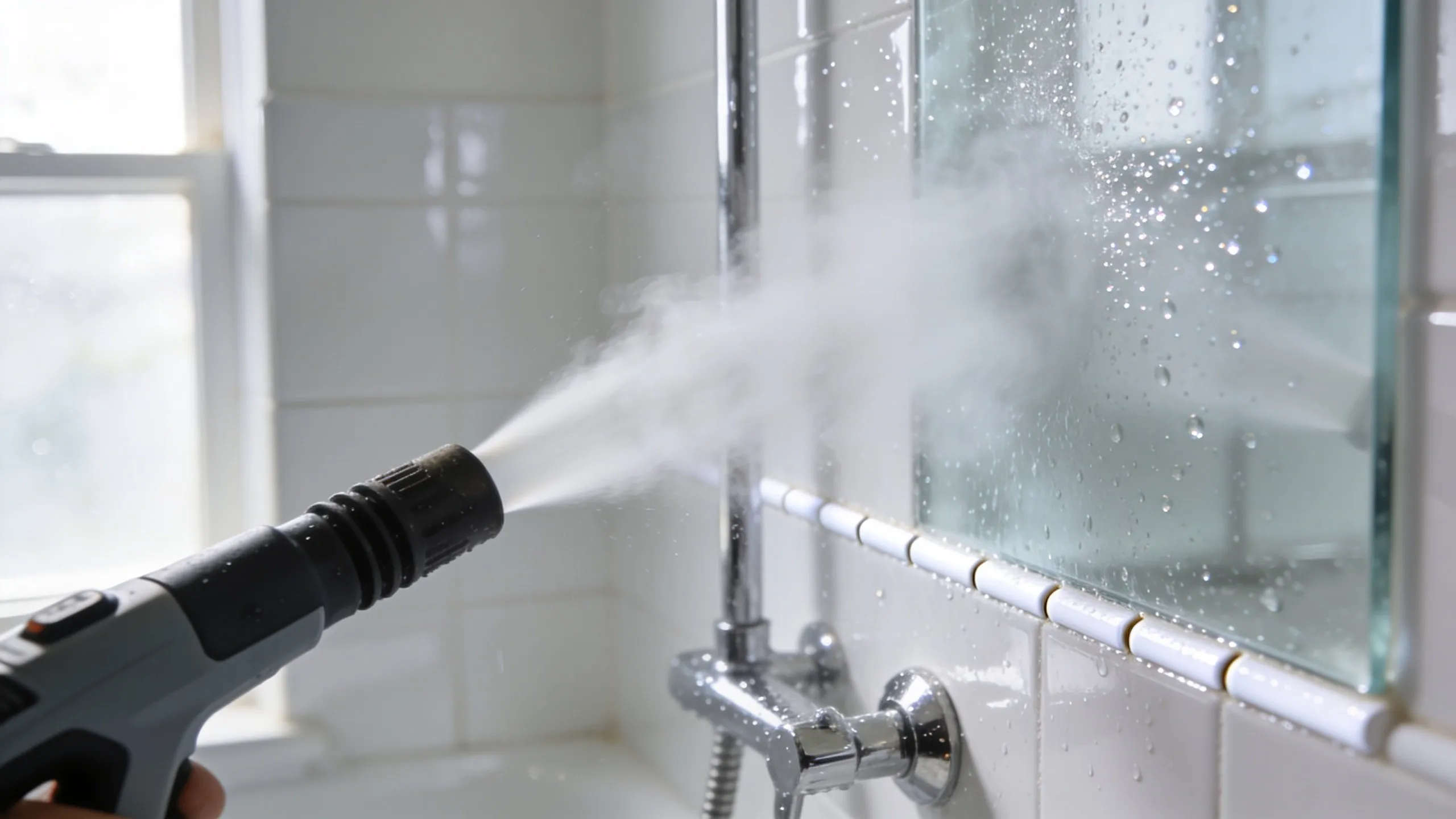 Nozzle of a steam cleaner releasing steam onto white bathroom tiles, with sparkling water droplets